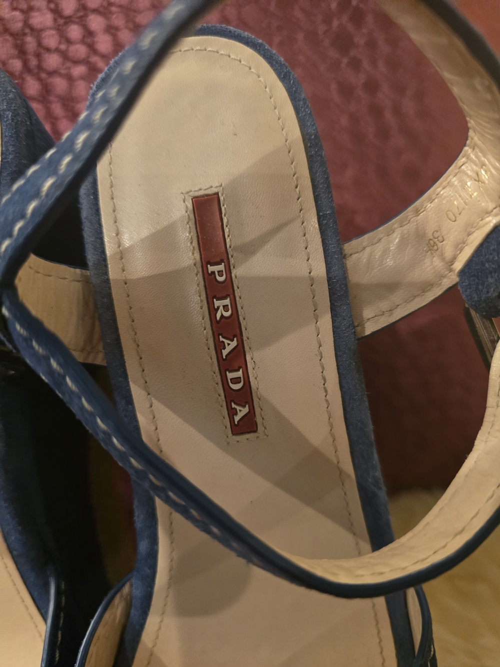PRADA GENUINE Blue Suede Wedge Sandals with Ankle Strap - Picture 13 of 16